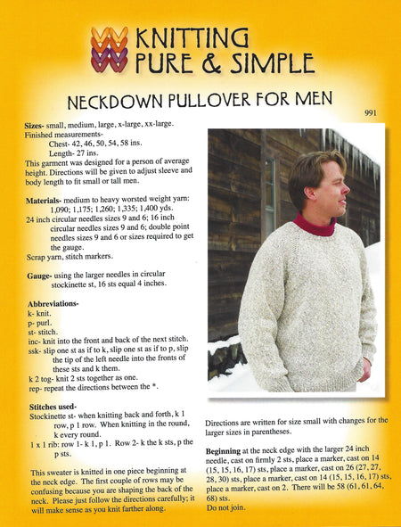 Knitting Pure & Simple Men's Neckdown Pullover Pattern #991