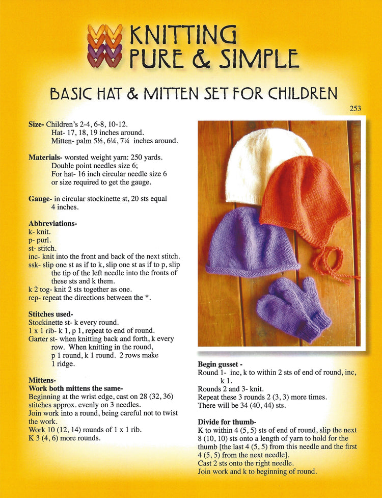 Knitting Pure & Simple Basic Hat & Mitten Set for Children Pattern #253