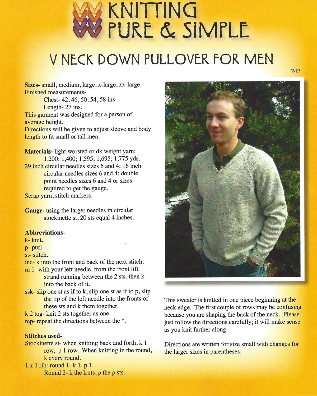 Knitting Pure Simple Men s V Neck Down Pullover Pattern 247